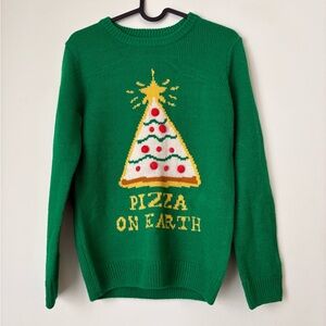 George Vibrant Green Knit Sweater Pizza on Earth Christmas holiday sweater 10/12